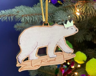 Personalised Polar Bear With Crown Christmas Decoration. Personalised Christmas tree decoration.