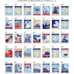 Personalised options colourful stamps showcasing worldwide destinations, including landmarks, landscapes, and cultural icons. Each stamp features a unique travel scene.