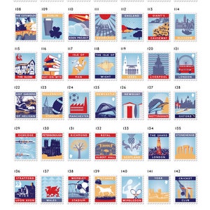 Personalised options colourful stamps showcasing UK destinations, including landmarks, landscapes, and cultural icons. Each stamp features a unique travel scene.