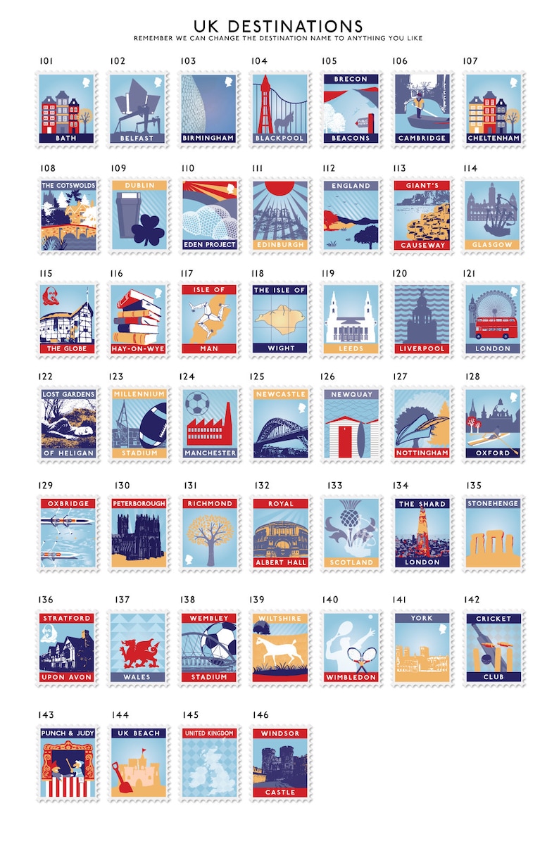 Personalised options colourful stamps showcasing UK destinations, including landmarks, landscapes, and cultural icons. Each stamp features a unique travel scene.