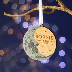 Baby's First Christmas Moon Tree Ornament. Personalised Christmas DecorationLunar stars new baby man in the moonSilver wood Hygge image 3