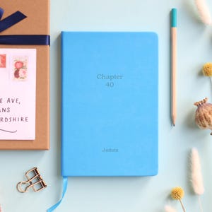 May include: A cyan notebook with the text "Chapter 40" and "James" printed on the cover. A pencil, a gold binder clip, and a gift box with a blue ribbon are also visible. The notebook has a blue ribbon bookmark.
