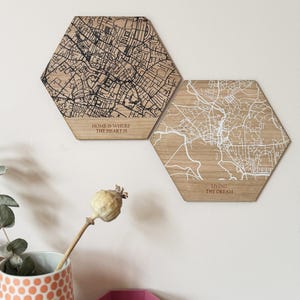 Two wall art map print hexagons, one with black lines, one with white, against a white wall with dried foliage in a ceramic vase in front.