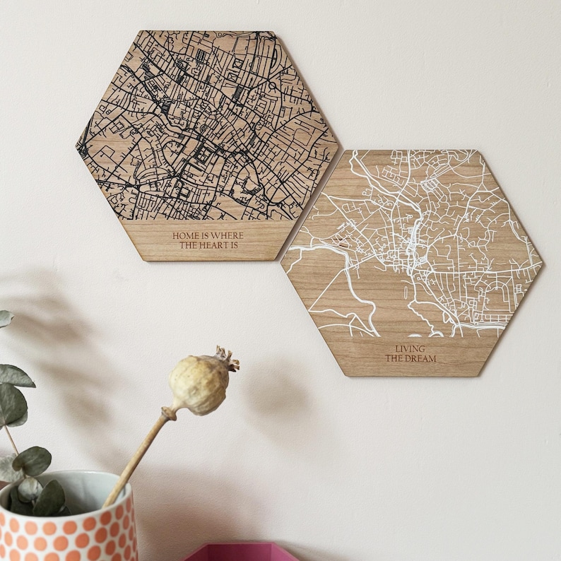Two wall art map print hexagons, one with black lines, one with white, against a white wall with dried foliage in a ceramic vase in front.