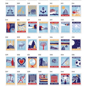 Personalised options colourful stamps showcasing stamp ideas, including landmarks, landscapes, and cultural icons. Each stamp features a unique travel scene.
