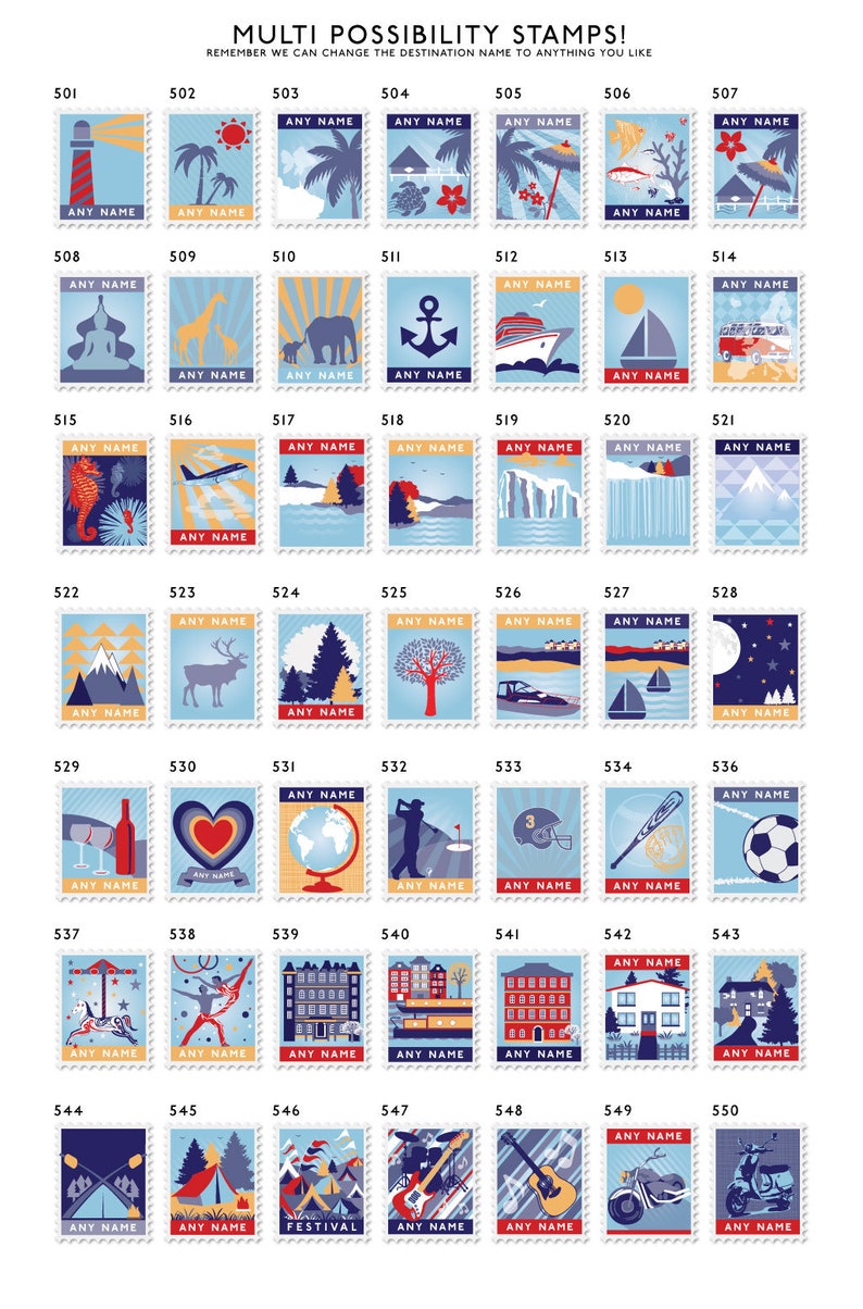 Personalised options colourful stamps showcasing stamp ideas, including landmarks, landscapes, and cultural icons. Each stamp features a unique travel scene.