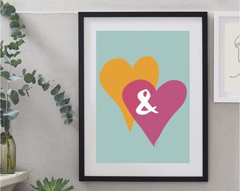 Personalised Entwined Hearts Ampersand Print. Valentines Day, Love hearts, Romance, Monochrome couples anniversary wedding engagement