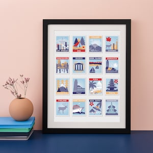 Briefmarke Personalisierte Reise Kunstdruck 16 Stempel