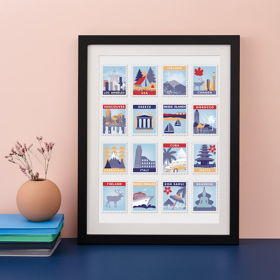 Postage Stamp Personalised Travel Art Print 16 Stamp
