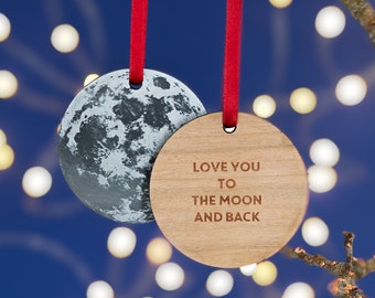 Full Moon Personalised Christmas Tree Decoration - Silver/Gold/Copper/Bronze. Add any name or message to the back