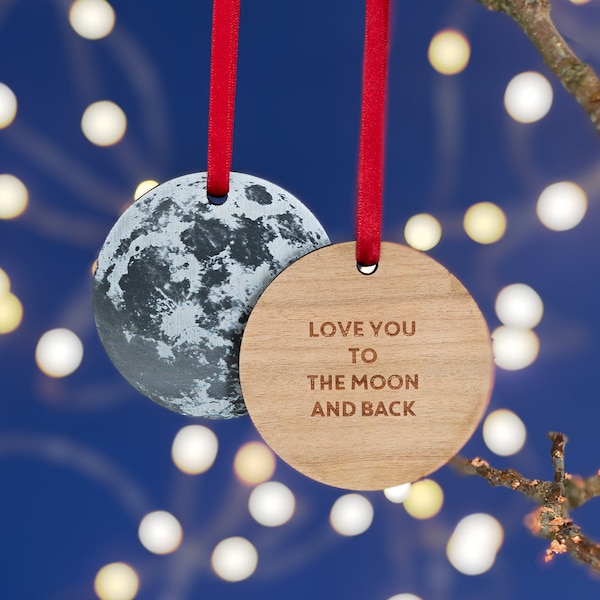 Full Moon Personalised Christmas Tree Decoration - Silver/Gold/Copper/Bronze. Add any name or message to the back