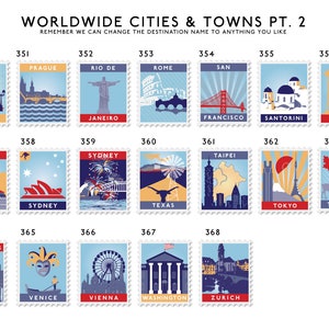 Personalised options colourful stamps showcasing worldwide cities and towns destinations, including landmarks, landscapes, and cultural icons. Each stamp features a unique travel scene.