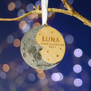 Baby's First Christmas Moon Tree Ornament. Personalised Christmas DecorationLunar stars new baby man in the moonSilver wood Hygge Yes please