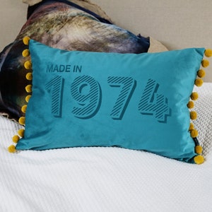 Personalised Made In Year Velvet CushionVelvet pompom cushion image 2