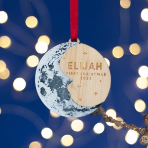 Baby's First Christmas Moon Tree Ornament. Personalised Christmas DecorationLunar stars new baby man in the moonSilver wood Hygge image 4