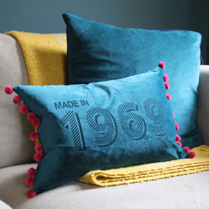 Personalised Made In Year Velvet CushionVelvet pompom cushion image 1