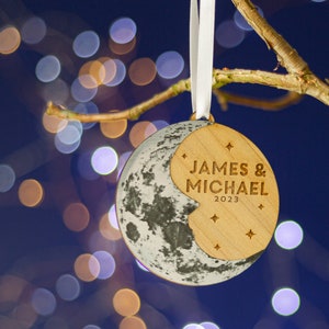 Silver Crescent Moon Personalised Christmas Tree Bauble - Silver/Cedar. Couples first Christmas tree decoration