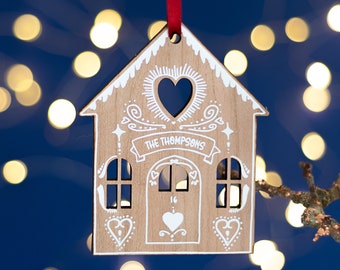 Personalised Gingerbread House Christmas Decoration. Wooden Christmas Tree Ornament