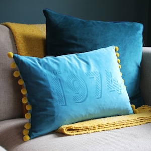 Personalised Made In Year Velvet CushionVelvet pompom cushion image 6