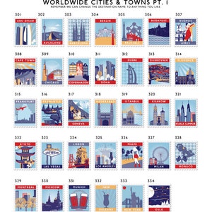 Personalised options colourful stamps showcasing worldwide cities and towns destinations, including landmarks, landscapes, and cultural icons. Each stamp features a unique travel scene.
