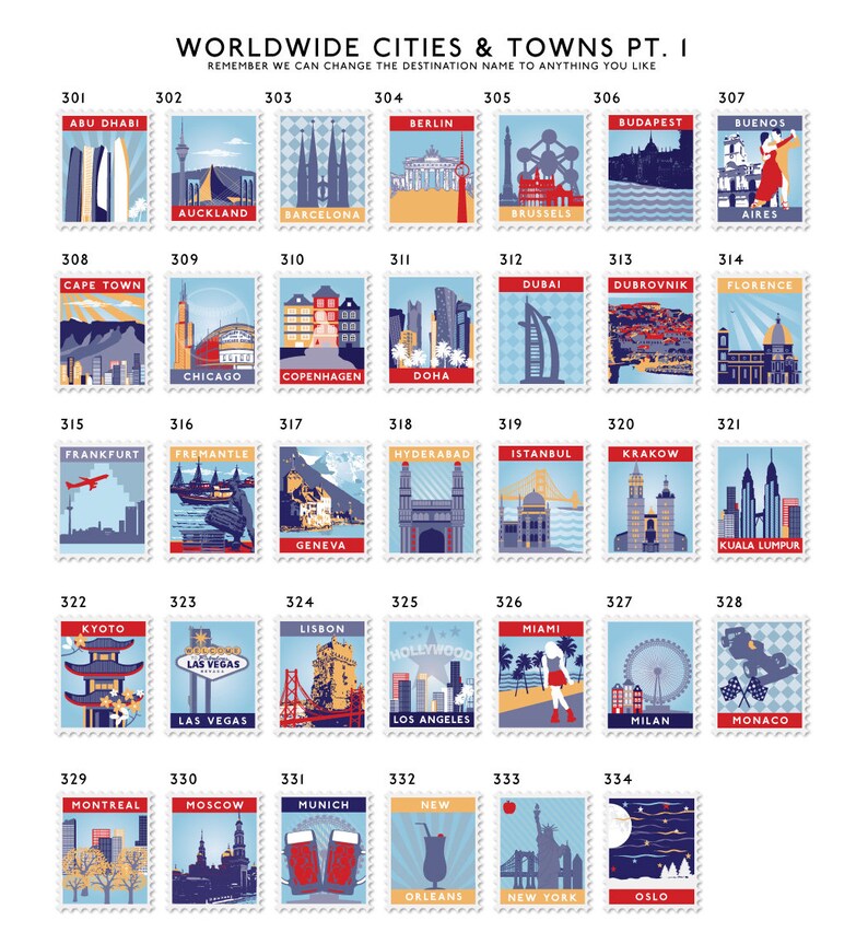 Personalised options colourful stamps showcasing worldwide cities and towns destinations, including landmarks, landscapes, and cultural icons. Each stamp features a unique travel scene.