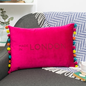 Favourite Place Personalised Cushion in Velvet with pom pom detail. Perfect Mother's Day Gift or custom gift for auntie or uncle