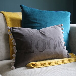 Personalised Made In Year Velvet CushionVelvet pompom cushion image 5