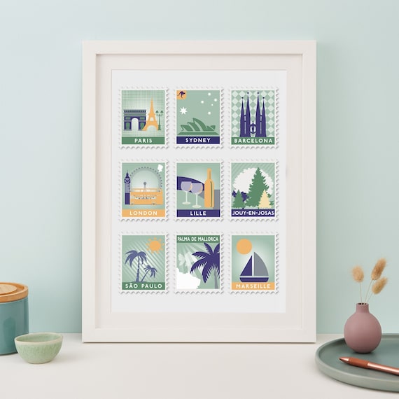 Postage Stamp Personalised Travel Art Print. Nine places that have captured your soul or tell your journey.