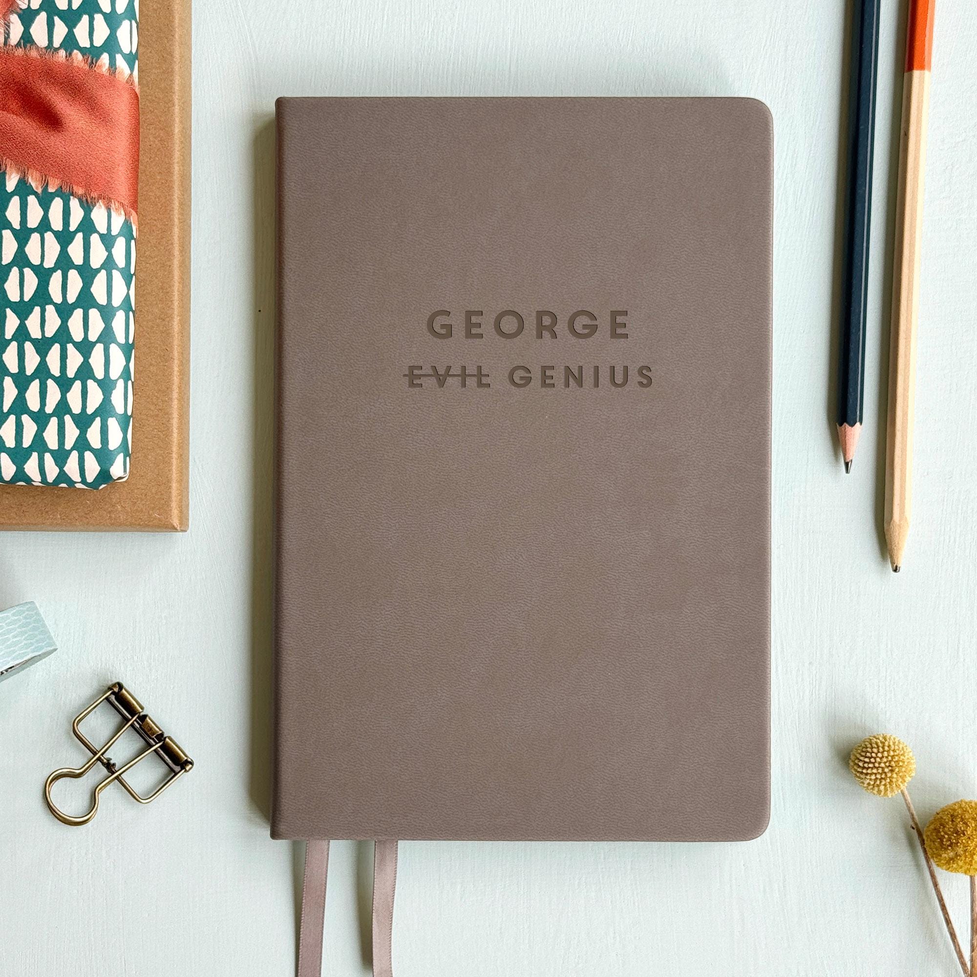 Personalised evil genius notebook journal. Perfect gift for teachers, friends, parents, loved ones.