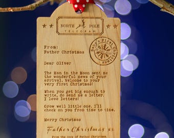 Baby&#39;s First Christmas Bauble Ornament 2024|Wooden Letter Telegram Tree Tag Decoration|telegram from Santa Claus|Father Christmas