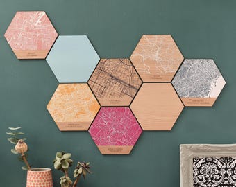 Wooden Map Wall Art Hexagonal Tile. Custom map gift personalised with your locations. Perfect wedding or anniversary gift or traveller gift.