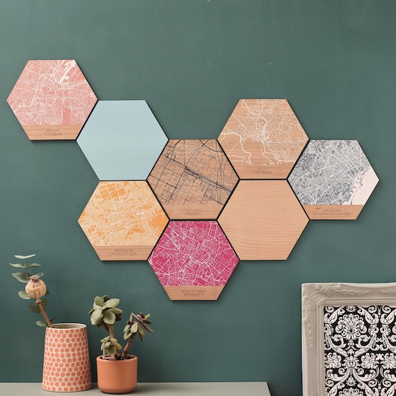 Wooden Map Wall Art Hexagonal Tile. Custom map gift personalised with your locations. Perfect wedding or anniversary gift or traveller gift.