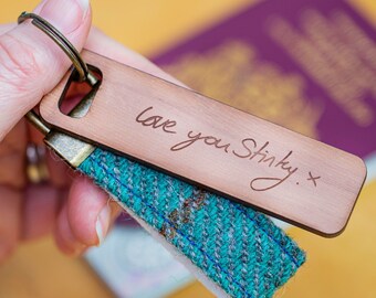 Harris Tweed Personalised Your Handwriting Keyring with cedarwood token|gift for mum||Mother's Day|Keychain|Father's Day