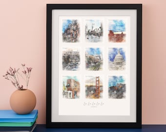 Impresión personalizada de recuerdos de lugares favoritos en acuarela. Regalo perfecto para amantes de los viajes.