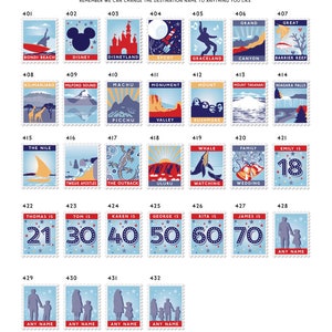 Personalised options colourful stamps showcasing places of interest, including landmarks, landscapes, and cultural icons. Each stamp features a unique travel scene.
