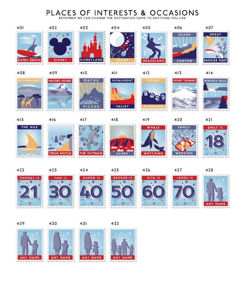 Personalised options colourful stamps showcasing places of interest, including landmarks, landscapes, and cultural icons. Each stamp features a unique travel scene.