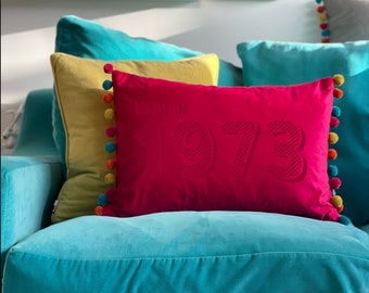 Personalised 50th Birthday Velvet Cushion|Velvet pompom cushion