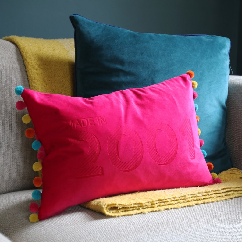 Personalised Made In Year Velvet CushionVelvet pompom cushion image 3