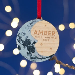 Baby's First Christmas Moon Tree Ornament. Personalised Christmas DecorationLunar stars new baby man in the moonSilver wood Hygge image 1
