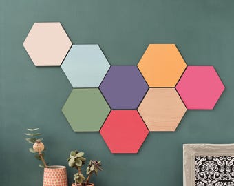 Plain Wood & Colourful Hexagonal Tile Wall Art. Perfect partner to our custom world map art and photo wooden tiles.