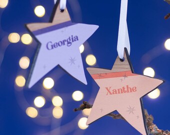 Colouful Star Personalised Christmas Tree Decoration|cherry wood|