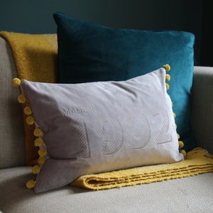 Personalised Made In Year Velvet CushionVelvet pompom cushion image 4