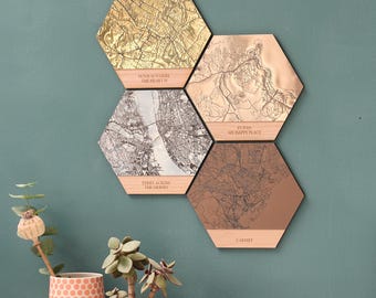 Wood, Silver, Gold, Metallic Map Wall Art Hexagonal Tile. Custom map gift personalised with any location. Perfect wedding anniversary gift.