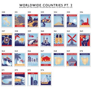Personalised options colourful stamps showcasing worldwide destinations, including landmarks, landscapes, and cultural icons. Each stamp features a unique travel scene.