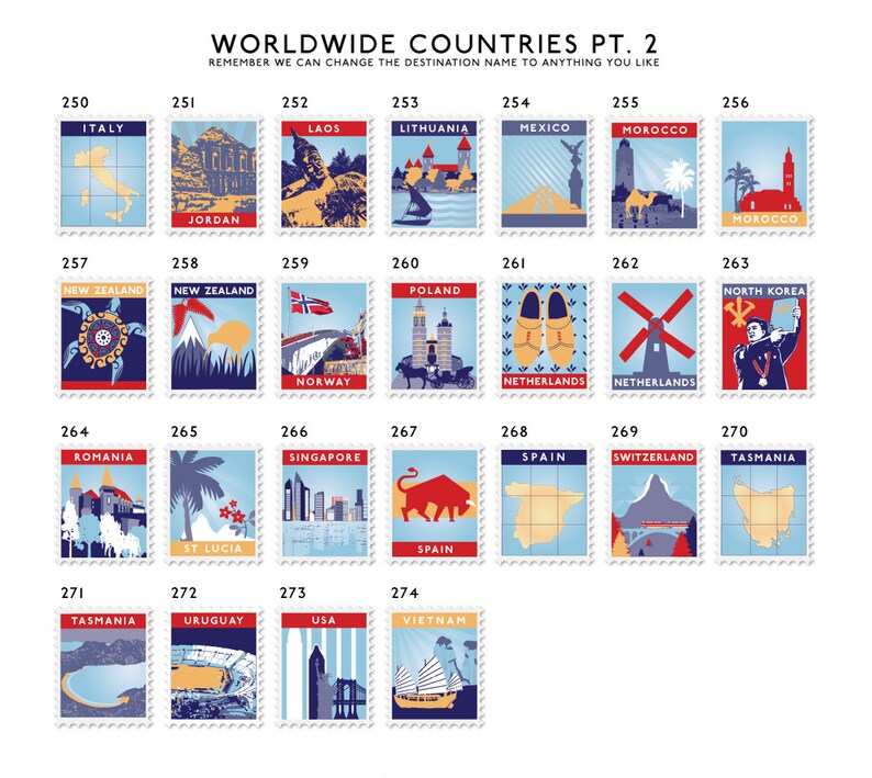 Personalised options colourful stamps showcasing worldwide destinations, including landmarks, landscapes, and cultural icons. Each stamp features a unique travel scene.