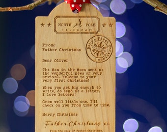 Baby's First Christmas Bauble Ornament|Wooden Letter Telegram Tree Tag Decoration|telegram from Santa Claus|Father Christmas