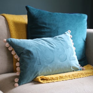 Personalised Made In Year Velvet CushionVelvet pompom cushion image 7