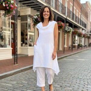 Cowl Neck Cotton Tunic Dress: Romantic White Shirtdress-Persephone top/dress
