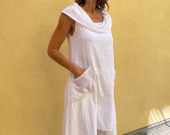 PERSEPHONE TOP - Cowl neck tunic dress - Natural cotton top - White cotton dress