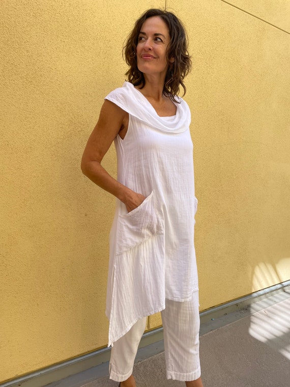 Cowl Neck Cotton Tunic Dress: Romantic White Shirtdress-Persephone Top/Dress